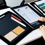 A female professional designer, mid-30s, with a focused expression, wearing modest smart-casual creative-professional attire. She is seated at a sleek ergonomic desk, actively working on a large digital design tablet, with a stylus in hand. An open physical sketchbook displaying a fashion illustration rests beside the tablet. The modern, minimalist design studio features large windows providing natural light. Fabric swatches and a color palette board are neatly arranged on the desk. A subtle, modern abstract graphic pattern is visible as a background element on the digital screen, reflecting design convergence. fully clothed, appropriate attire, safe for work, professional, perfect anatomy, correct proportions, natural pose, well-formed hands, proper finger count, natural body proportions, high-quality, professional photography, studio lighting, sharp focus, family-friendly.