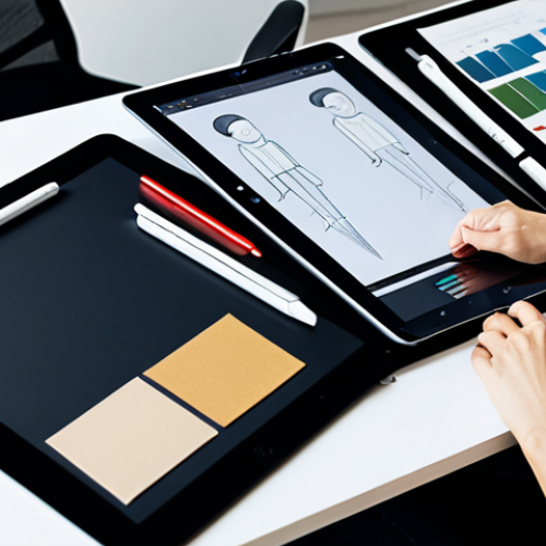 A female professional designer, mid-30s, with a focused expression, wearing modest smart-casual creative-professional attire. She is seated at a sleek ergonomic desk, actively working on a large digital design tablet, with a stylus in hand. An open physical sketchbook displaying a fashion illustration rests beside the tablet. The modern, minimalist design studio features large windows providing natural light. Fabric swatches and a color palette board are neatly arranged on the desk. A subtle, modern abstract graphic pattern is visible as a background element on the digital screen, reflecting design convergence. fully clothed, appropriate attire, safe for work, professional, perfect anatomy, correct proportions, natural pose, well-formed hands, proper finger count, natural body proportions, high-quality, professional photography, studio lighting, sharp focus, family-friendly.