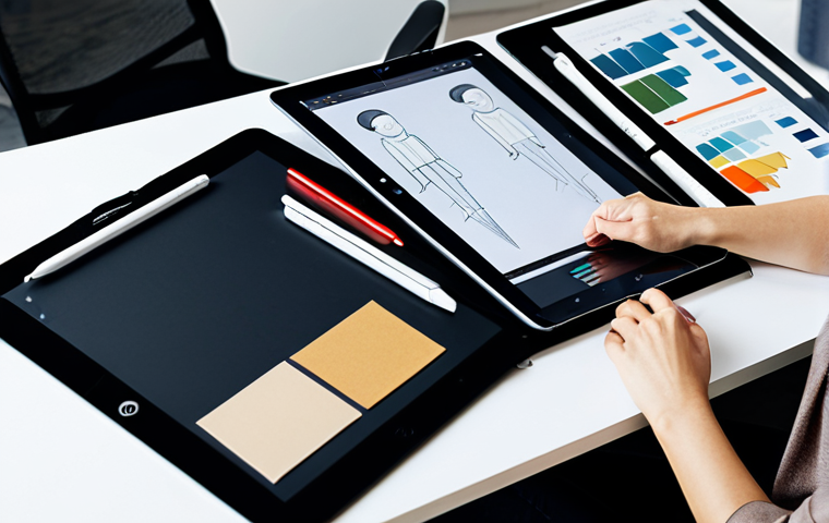 A female professional designer, mid-30s, with a focused expression, wearing modest smart-casual creative-professional attire. She is seated at a sleek ergonomic desk, actively working on a large digital design tablet, with a stylus in hand. An open physical sketchbook displaying a fashion illustration rests beside the tablet. The modern, minimalist design studio features large windows providing natural light. Fabric swatches and a color palette board are neatly arranged on the desk. A subtle, modern abstract graphic pattern is visible as a background element on the digital screen, reflecting design convergence. fully clothed, appropriate attire, safe for work, professional, perfect anatomy, correct proportions, natural pose, well-formed hands, proper finger count, natural body proportions, high-quality, professional photography, studio lighting, sharp focus, family-friendly.