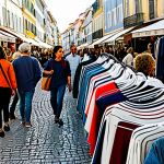 Sustainable & Circular Fashion**

"A vibrant outdoor market scene in Lisbon featuring stalls overflowing with upcycled clothing, vintage finds, and handcrafted accessories made from sustainable materials like Piñatex and recycled denim. Shoppers of diverse ages and backgrounds are enthusiastically browsing. Focus on colorful textiles, innovative designs, and a bustling atmosphere. The overall feeling is eco-chic and trendy. safe for work, appropriate content, fully clothed, professional photography, perfect anatomy, natural proportions, high quality, family-friendly, modest clothing, Portuguese style."

**