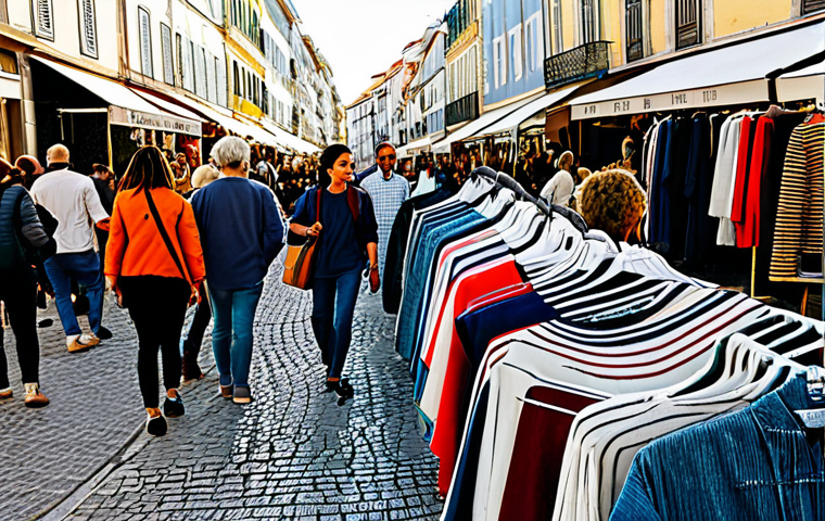 Sustainable & Circular Fashion**

"A vibrant outdoor market scene in Lisbon featuring stalls overflowing with upcycled clothing, vintage finds, and handcrafted accessories made from sustainable materials like Piñatex and recycled denim. Shoppers of diverse ages and backgrounds are enthusiastically browsing. Focus on colorful textiles, innovative designs, and a bustling atmosphere. The overall feeling is eco-chic and trendy. safe for work, appropriate content, fully clothed, professional photography, perfect anatomy, natural proportions, high quality, family-friendly, modest clothing, Portuguese style."

**