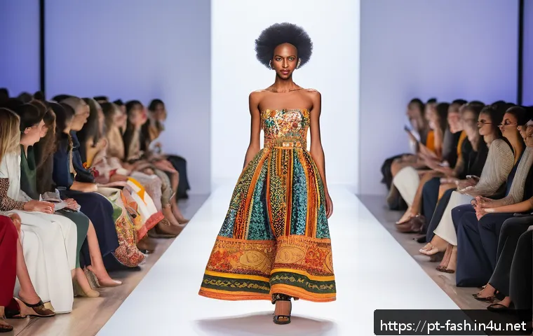 패션디자인 제품 개발 과정 - A vibrant fashion runway scene inspired by diverse cultural influences, showcasing models wearing co...