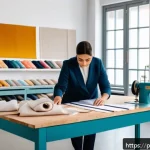 Home 23 패션디자인 업계 관련 법률과 규제 - A modern fashion atelier interior showing a diverse team of professionals working collaboratively un...